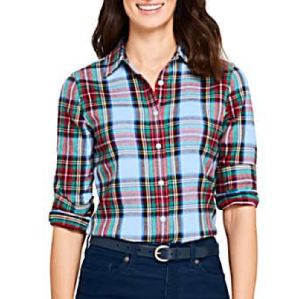Land’s End Flannel Button-down Shirt Women's Sz 14 Large Plaid Long Slveeve - Picture 1 of 16